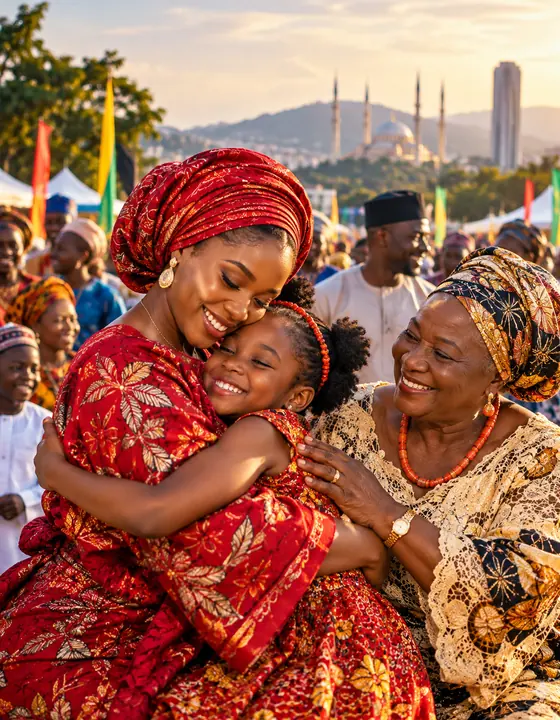 A mother holding her daughter close beside an elder, all in red and gold, at an outdoor gathering